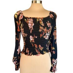 Hem & Thread Dark Floral Y2K Crop Top Womens L Smocked Milk Maid Fairy Grunge